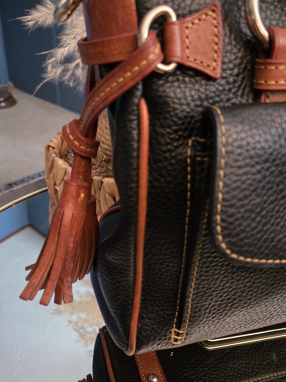 Dooney & Bourke Black Pebble Leather Satchel Crossbody British Tan Trim Tassels - Picture 9 of 17